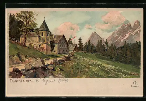 Künstler-AK Zeno Diemer: Fernpass, Gasthaus mit kleiner Kapelle