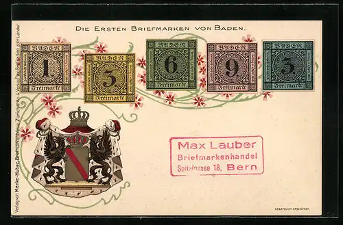 Lithographie Baden, Stadtwappen und Briefmarken, Die ersten Briefmarken von Baden