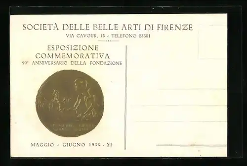 Präge-AK Firenze, Esposizione Commemorativa 1933, Societá delle Belle Arti, Münze der Ausstellung