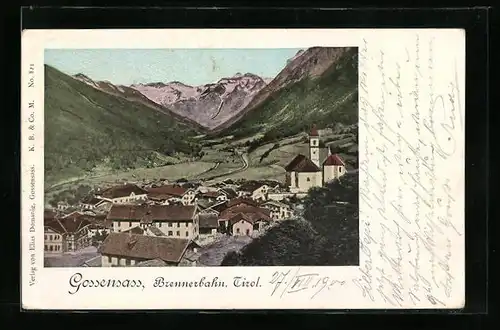 Goldfenster-AK Gossensass /Brennerbahn, Ortsansicht mit Blick auf die Berge, mit leuchtenden Fenstern