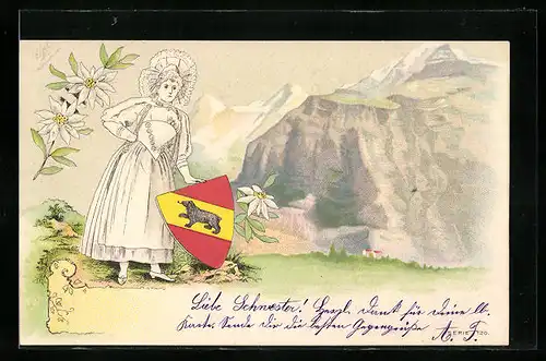 Präge-AK Schweiz, Schweizerin in Tracht mit Wappen und Edelweiss vor Bergen