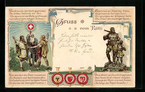 Lithographie Schweiz, Rütlischwur und Vater mit Sohn, Wappen