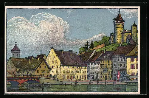 Künstler-AK sign. U. Nohl: Schaffhausen, Partie an der Schifflände mit Blick auf die Burg