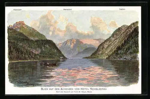 Künstler-AK F.A.C.M. Reisch: Stanserjoch, Blick auf den Achensee vom Hotel Scholastika mit Klobenjoch und Seeberg