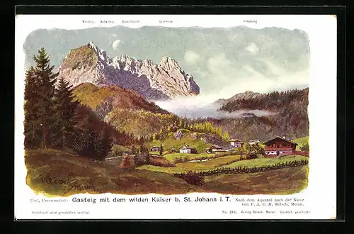 Künstler-AK F.A.C.M. Reisch: Gasteig b. St. Johann, Panorama mit dem wilden Kaiser, Gamsflucht, Lercheck und Feldberg
