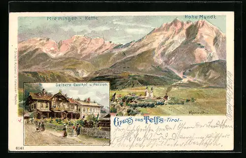 Künstler-AK Karl Heinisch: Telfs, Ortsansicht mit Seisers Gasthof und Pension