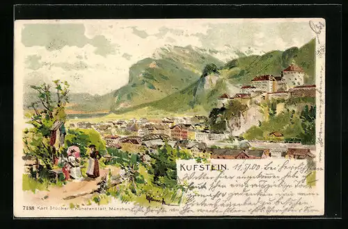 Künstler-AK Karl Heinisch: Kufstein, Ortsansicht aus der Vogelschau