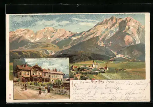 Künstler-AK Karl Heinisch: Telfs, Ortsansicht mit Seisers Gasthof und Pension