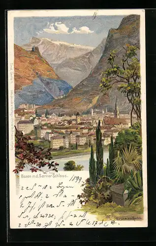 Künstler-AK sign. Hirschmann: Bozen, Ortsansicht mit dem Sarner Schloss