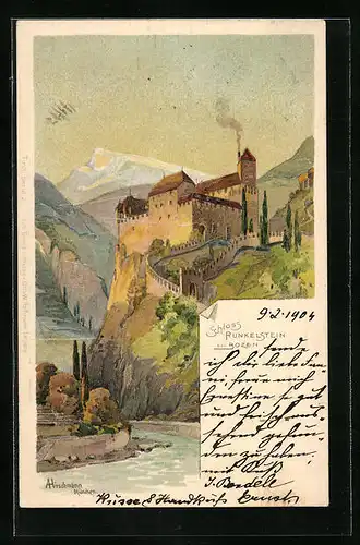 Künstler-AK sign. Hirschmann: Bozen, Schloss Runkelstein mit Bergpanorama