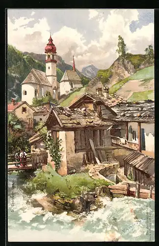 Künstler-AK P. Schmohl: Gossensass, Ortsansicht mit Kirche