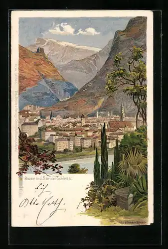 Künstler-AK sign. Hirschmann: Bozen, Ortsansicht mit dem Sarner Schloss