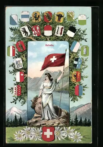 AK Helvetia mit Fahne und Schild