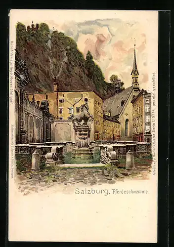 Künstler-AK Otto Strützel: Salzburg, Pferdeschwemme mit Kirche