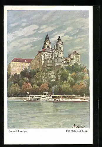 Künstler-AK Leopold Schweiger: Melk a. d. Donau, Stift und Dampfer