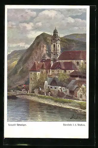 Künstler-AK Leopold Schweiger: Dürnstein i. d. Wachau, Ortsansicht mit Kirche