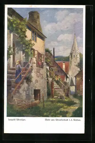 Künstler-AK Leopold Schweiger: Schwallenbach i. d. Wachau, Ortsansicht mit Kirche