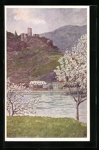 Künstler-AK Rudolf Schmidt: Hinterhaus a. d. Donau, Ortsansicht mit Ruine und Dampfer