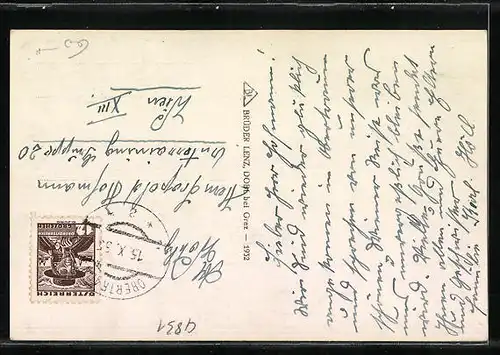 AK Obertraun, Ortspartie mit Blick auf Berggipfel