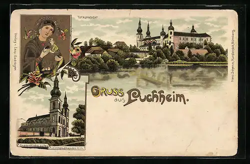Lithographie Puchheim, Totalansicht, Maria mit dem Kinde, Gnadenkirche