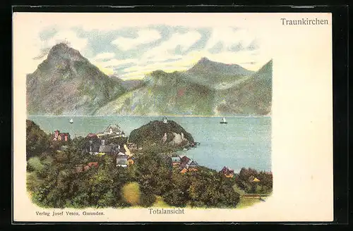 Lithographie Traunkirchen, Totalansicht mit Blick auf Berge