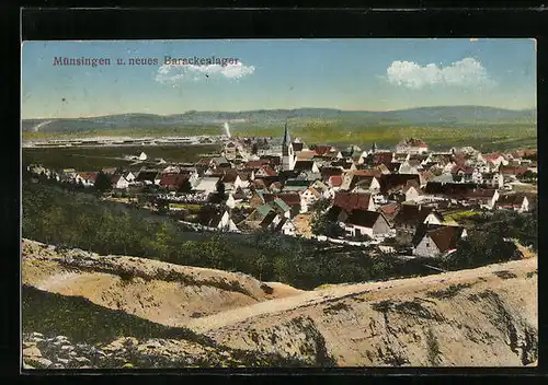 AK Münsingen, Ortsansicht mit neuem Barackenlager