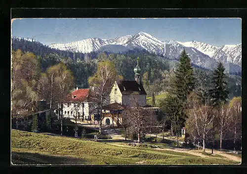 AK Birkenstein, Ortsansicht mit Blick auf die Alpen