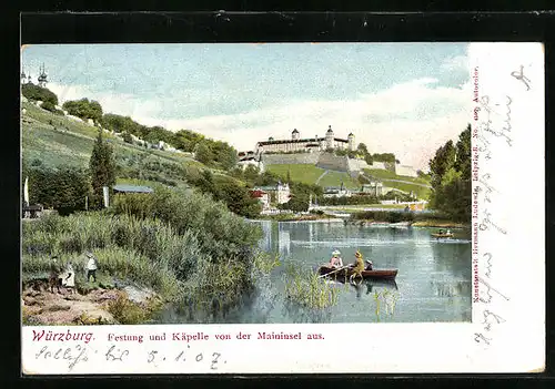 AK Würzburg, Festung und Kapelle von der Maininsel aus