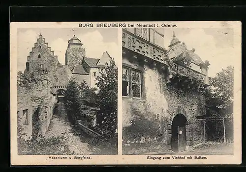 AK Neustadt /Odenw., Burg Breuberg - Hexenturm und Bergfried, Eingang zum Viehhof