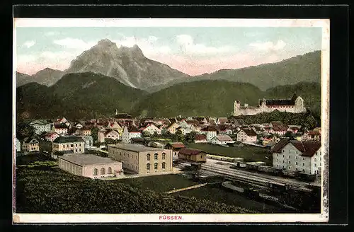 AK Füssen, Ortsansicht mit Blick auf Berge