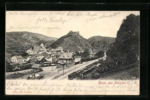 AK Altenahr, Ortsansicht mit Bahnhof aus der Vogelschau