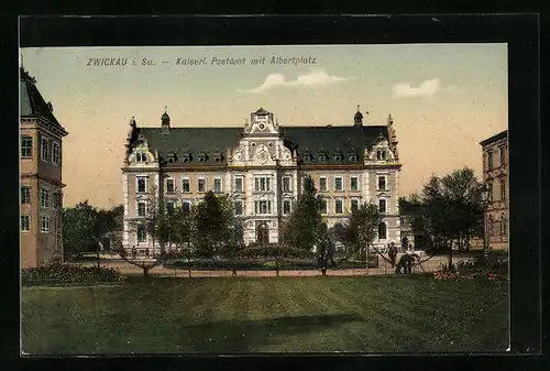 AK Zwickau i. Sa., Kaiserl. Postamt mit Albertplatz
