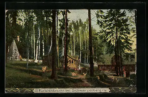 AK Fürstenbrunn bei Schwarzenberg i. Sa., Waldpartie mit Denkmal