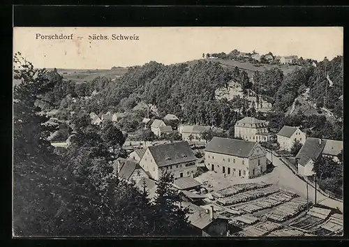 AK Porschdorf /sächs. Schweiz, Blick auf die Häuser mit Landschaft