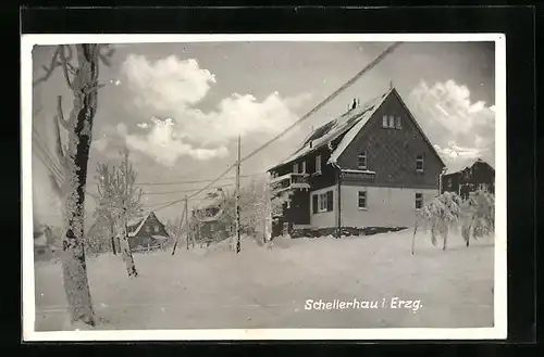 AK Schellerhau i. Erzg., Häuserpartie im Schnee