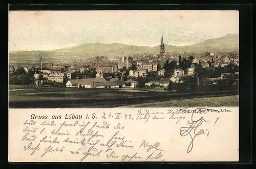 AK Löbau i. S., Ortsansicht von der Ferne mit Berglandschaft