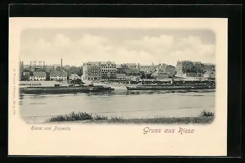 AK Riesa, Flusspartie mit Schiffen, Ansicht von Pramitz aus