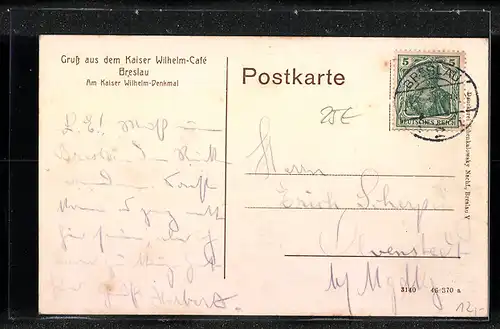 AK Breslau, Kaiser Wilhelm-Cafe am Kaiser Wilhelm-Denkmal, Innenansicht