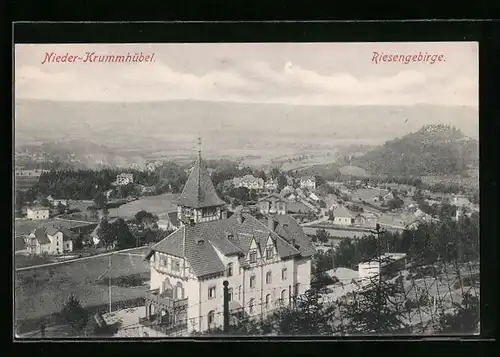 AK Nieder-Krummhübel /Riesengeb., Teilansicht aus der Vogelschau mit Blick ins Land