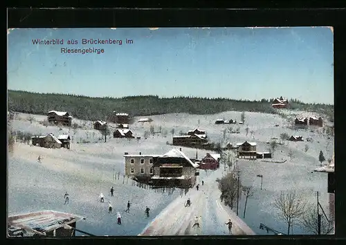 AK Brückenberg im Riesengebirge, Winterbild mit Schlittenfahrern