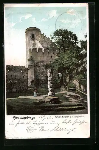 AK Hermsdorf i. Rsgb., Ruine Kynast, Burghof m. d. Prangersäule