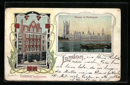 AK London, Houses of Parliament, Christliches Kellnerheim