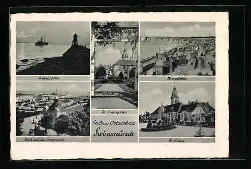AK Swinemünde, Hafeneinfahrt, Strandleben und Kurhaus