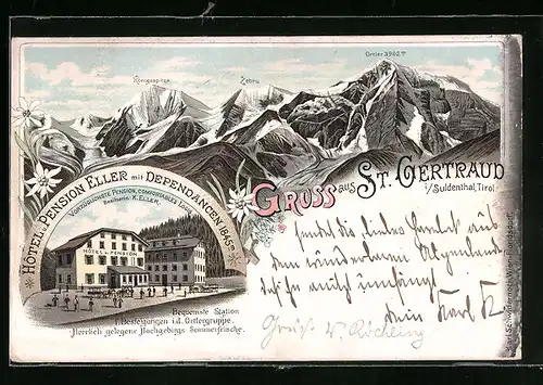 Lithographie St. Gertraud i. Suldenthal, Hotel-Pension Eller mit Dependancen und Blick zur Ortlergruppe