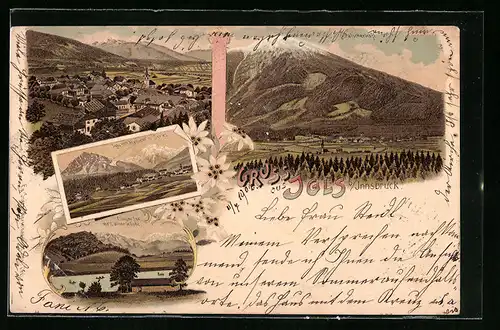 Lithographie Igls b. Innsbruck, Ortsansicht, Lanser See mit Lanser Köpfen