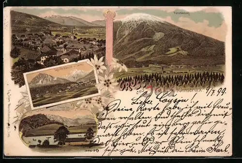 Lithographie Igls b. Innsbruck, Ortsansicht, Lanser See mit Lanser Köpfen, Patscherkofl