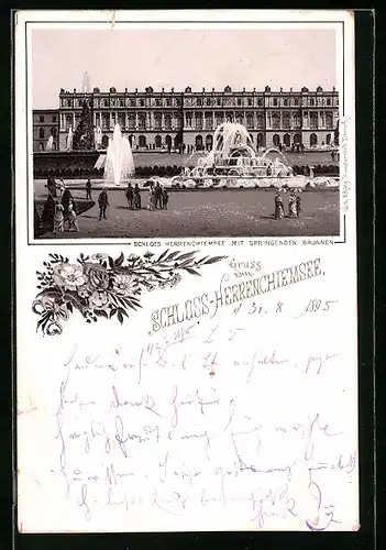 Vorläufer-Lithographie Herrenchiemsee, 1895, Besucher vorm Schloss