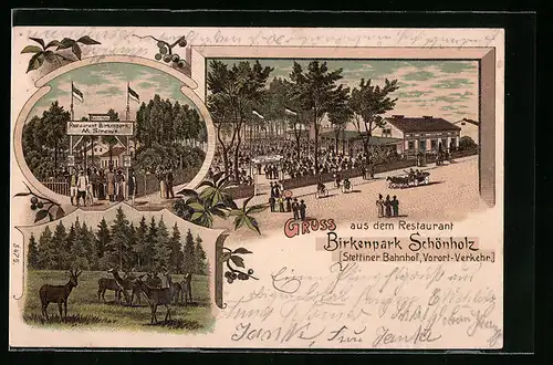 Lithographie Berlin-Schönholz, Restaurant Birkenpark mit Rehen