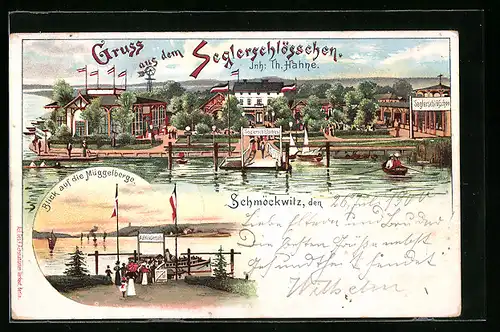 Lithographie Berlin-Schmöckwitz, Seglerschlösschen, Blick auf die Müggelberge