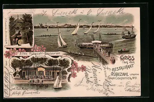 Lithographie Berlin-Köpenick, Restaurant Rübezahl mit Bootspartie